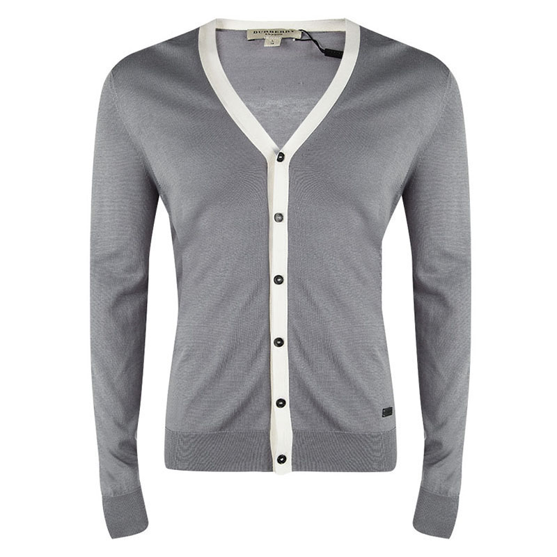 Burberry Grey Melange Knit Contrast Trim Button Front Cardigan L