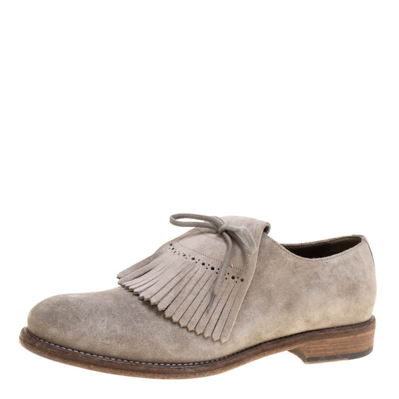 مملوكة مسبقًا Burberry Grey Suede Ampney Fringe Detail Oxfords Size 43