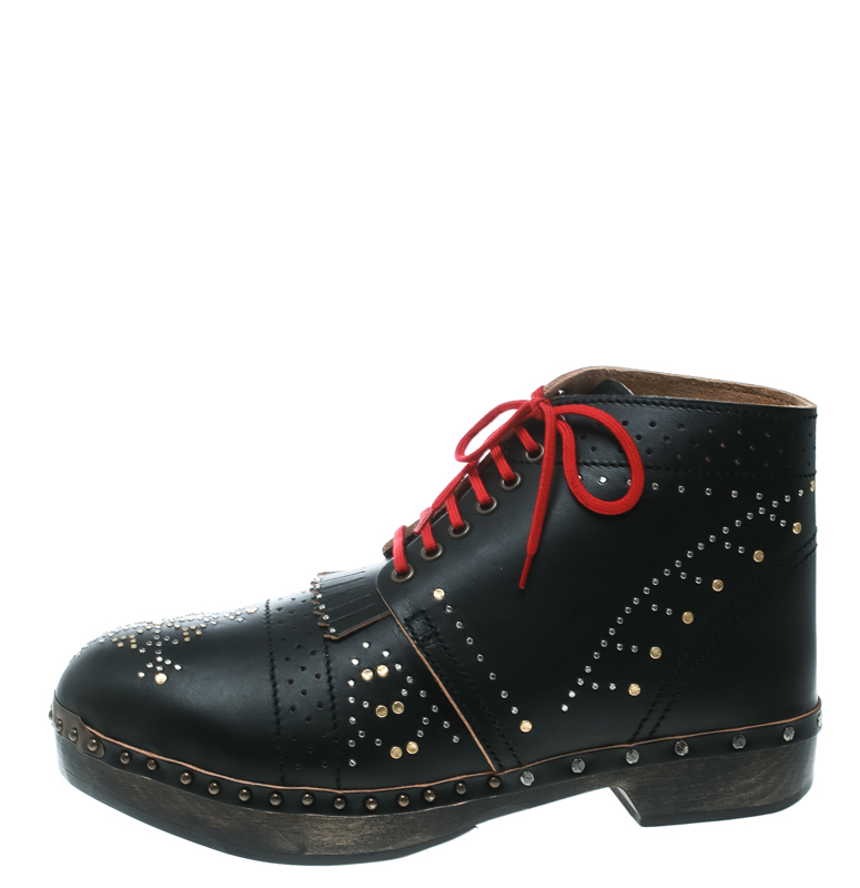 

Burberry Black Studded Leather Antrim Fringe Detail Clog Boots Size