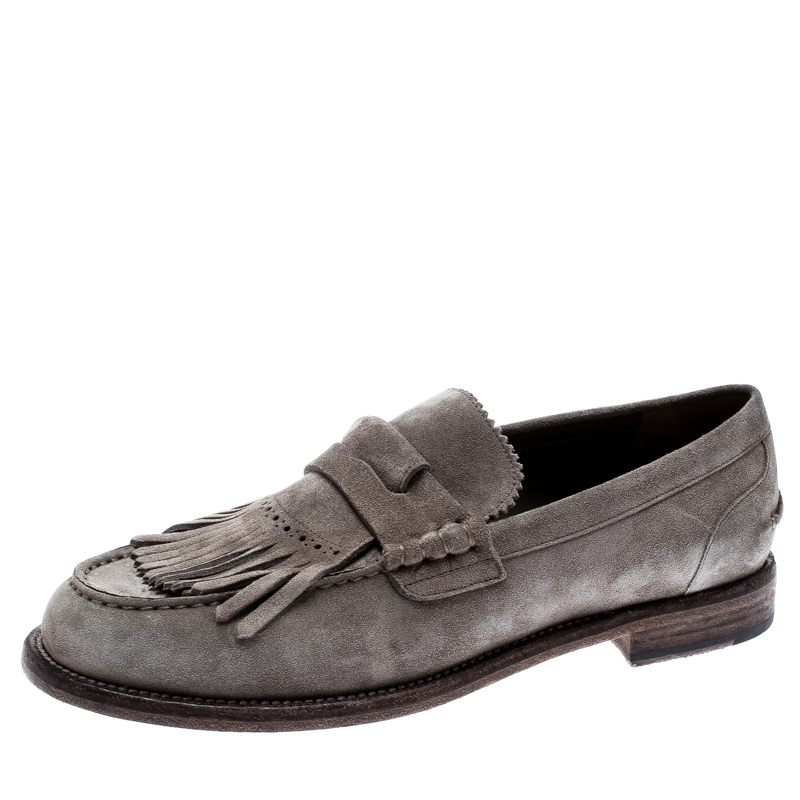 Pre Owned Burberry Grey Suede Bedmoore Fringe Detail Penny Loafers Size 43