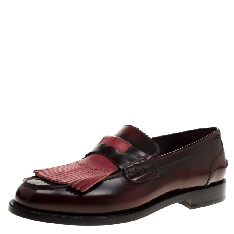 Burberry Burgundy Leather Bedmoore Fringe Detail Penny Loafers Size 44