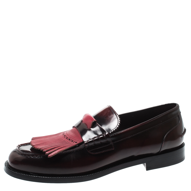 Burberry Burgundy Leather Bedmoore Fringe Detail Penny Loafers Size 45