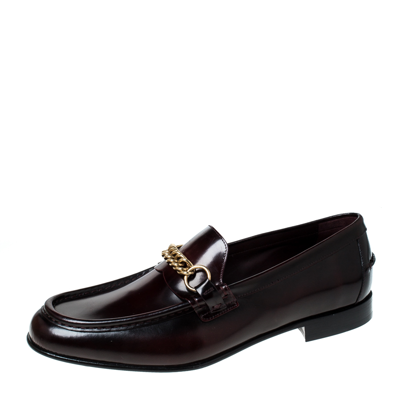 Burberry Burgundy Leather Solway Chain Detail Slip On Loafers Size 44.5