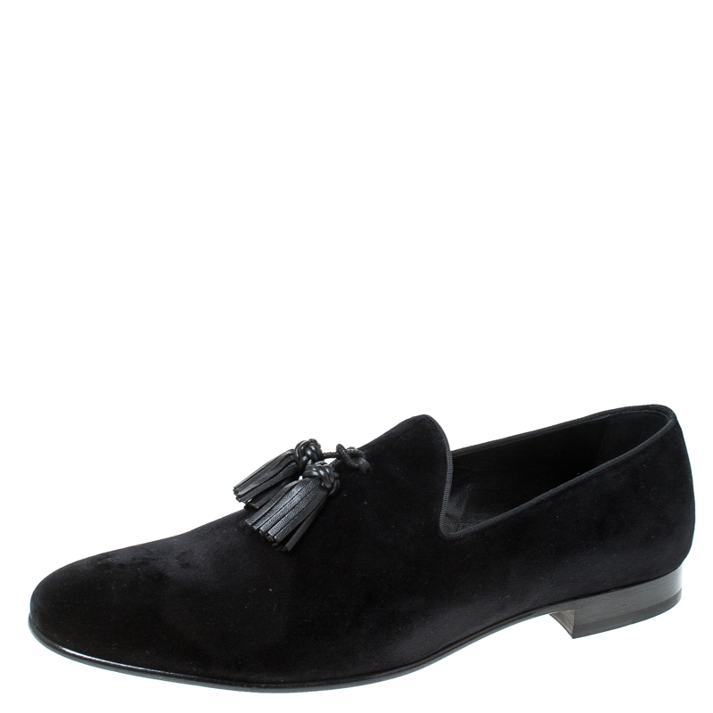 Burberry Black Velvet Tassel Slip On Loafers Size 45.5