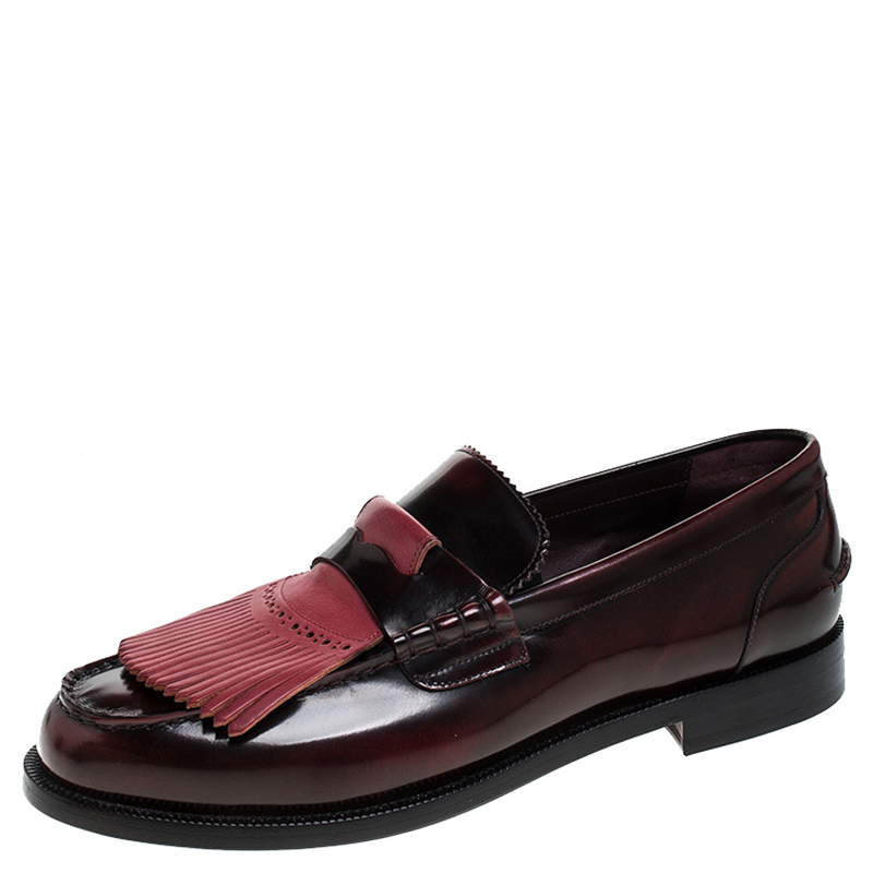مملوكة مسبقًا Burberry Burgundy Leather Bedmoore Fringe Detail Penny Loafers Size 45