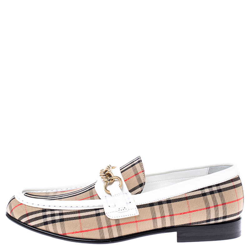 

Burberry Beige Canvas And White Leather Moorley Chain Detail Loafers Size