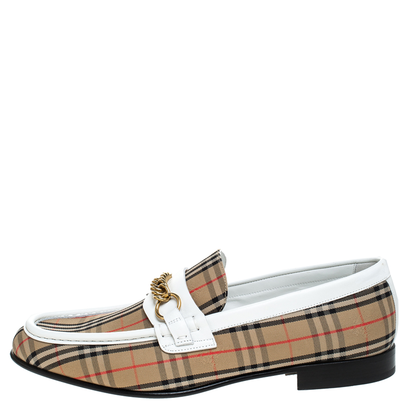 

Burberry Beige Canvas And White Leather Trim Moorley Chain Detail Slip On Loafers Size