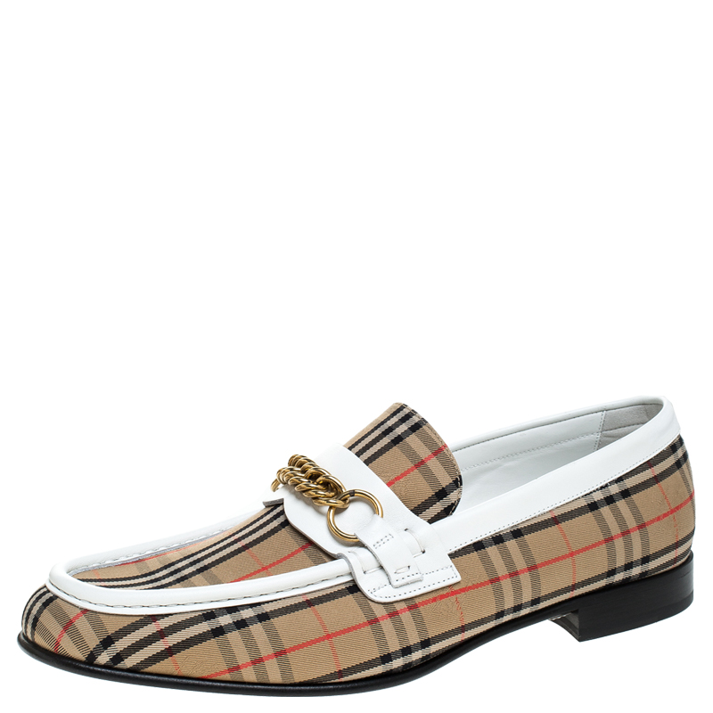 Pre Owned Burberry Beige Canvas And White Leather Trim Moorley Chain Detail Slip On Loafers Size 45
