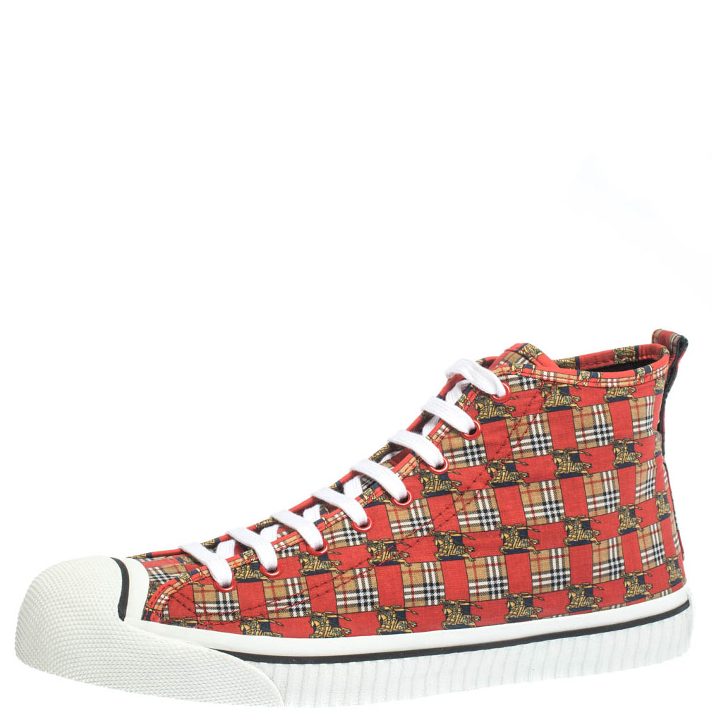 Burberry Red Canvas Kingly Print High Top Sneakers Size 44.5