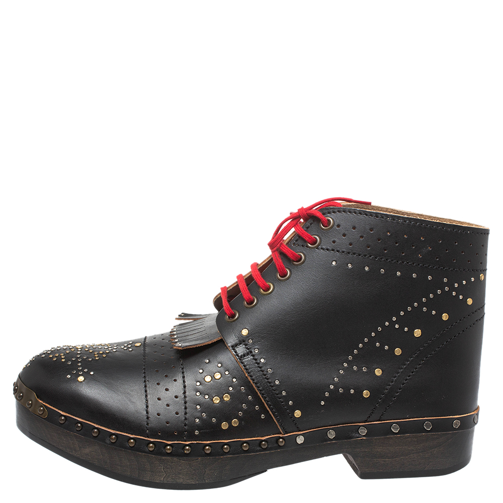 

Burberry Black Studded Leather Antrim Fringe Detail Clog Ankle Boots Size