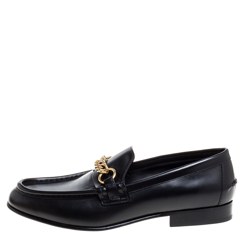 

Burberry Black Leather Solway Chain Detail Slip On Loafers Size