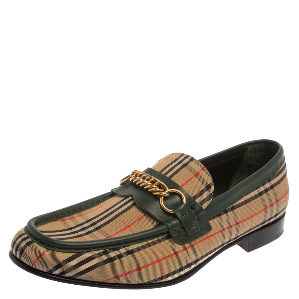 Pre Owned Burberry Beige /Green HayMarket Canvas And Leather Moorley Chain  Loafers Size 45