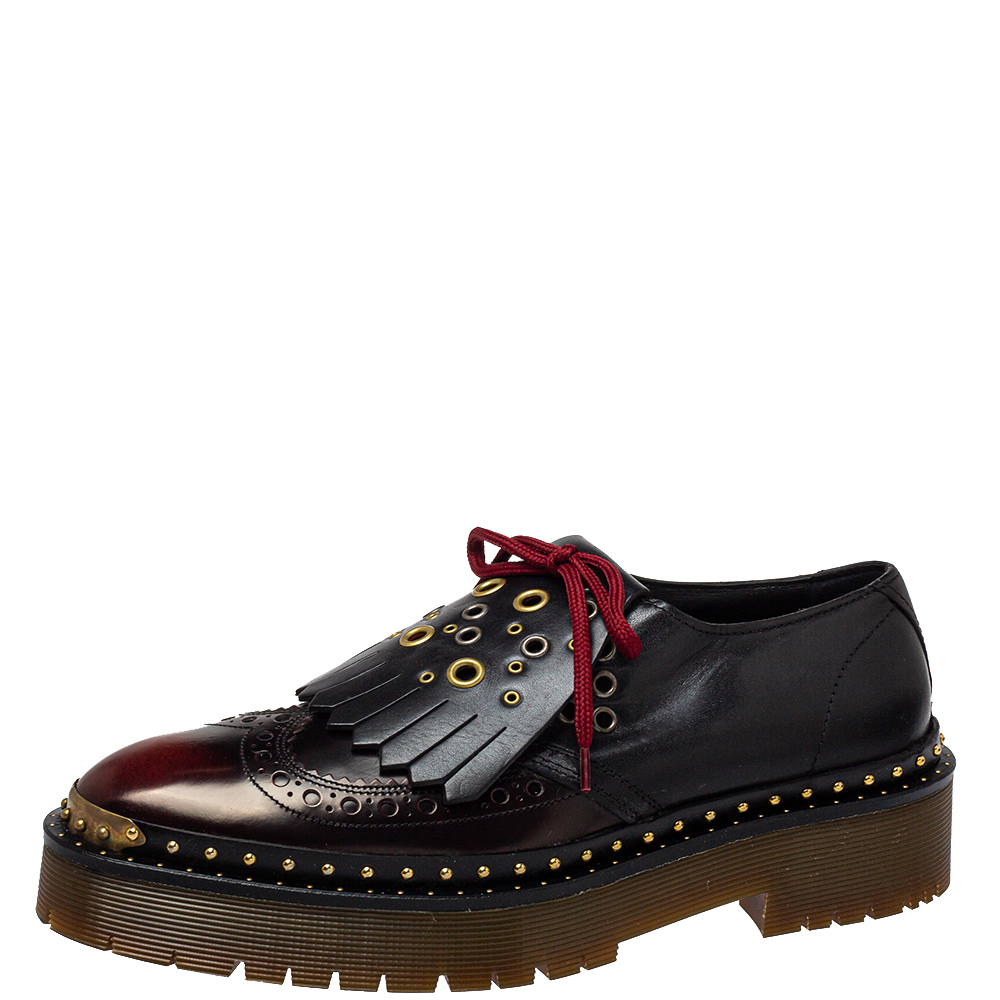 Pre-owned Burberry Two Tone Brogue Leather Bissett Fringe Lace Up Derby Size 41 In Burgundy