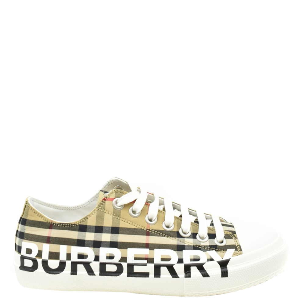 Pre-owned Burberry Beige Logo Print Check Cotton Trainers Size Eu 41 In Multicolor