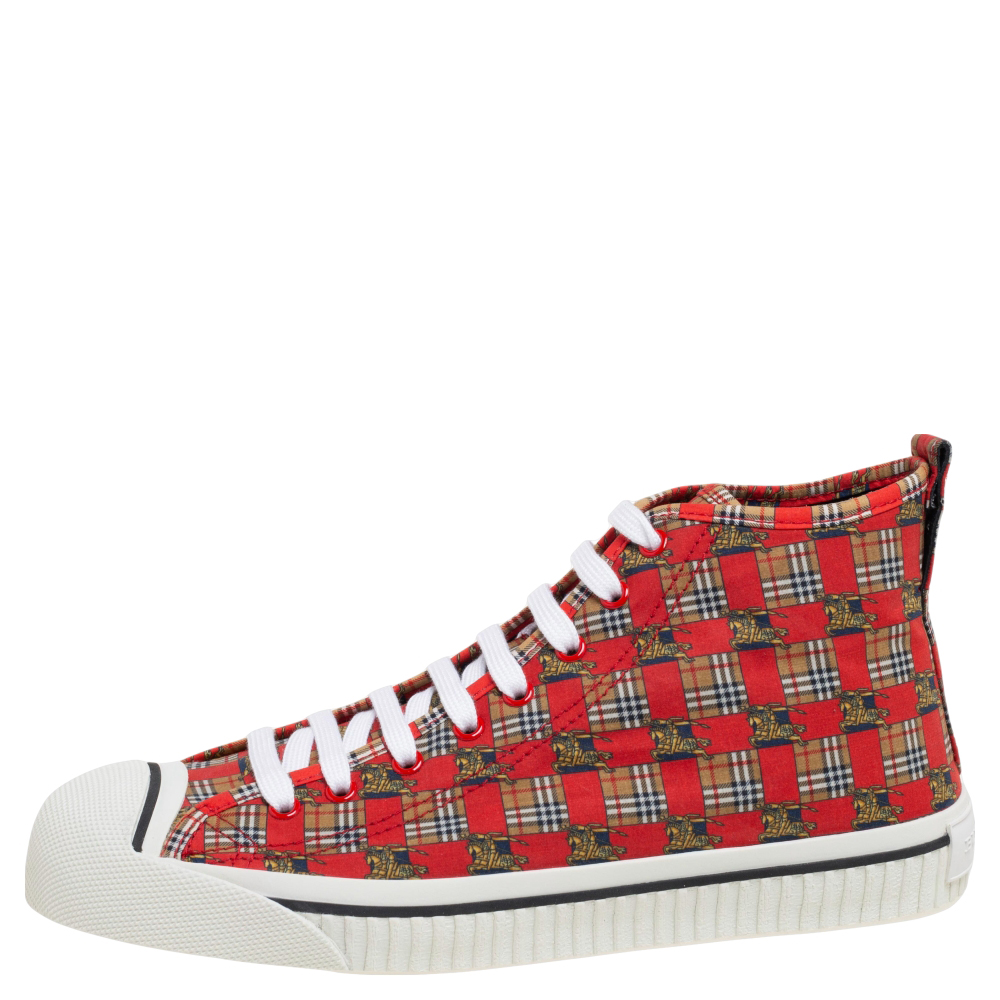 

Burberry Red Kingly Print Fabric High-Top Sneakers Size