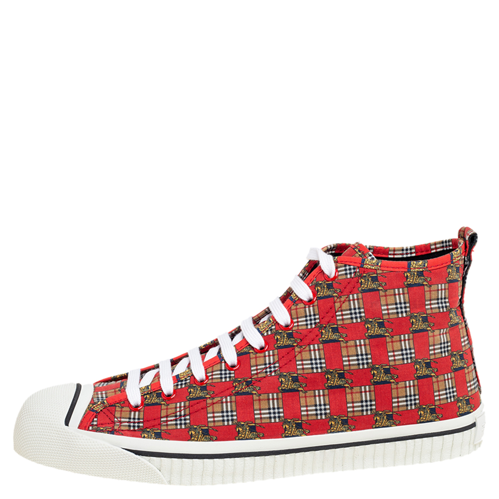 

Burberry Red Canvas Kingly Print High Top Sneakers Size