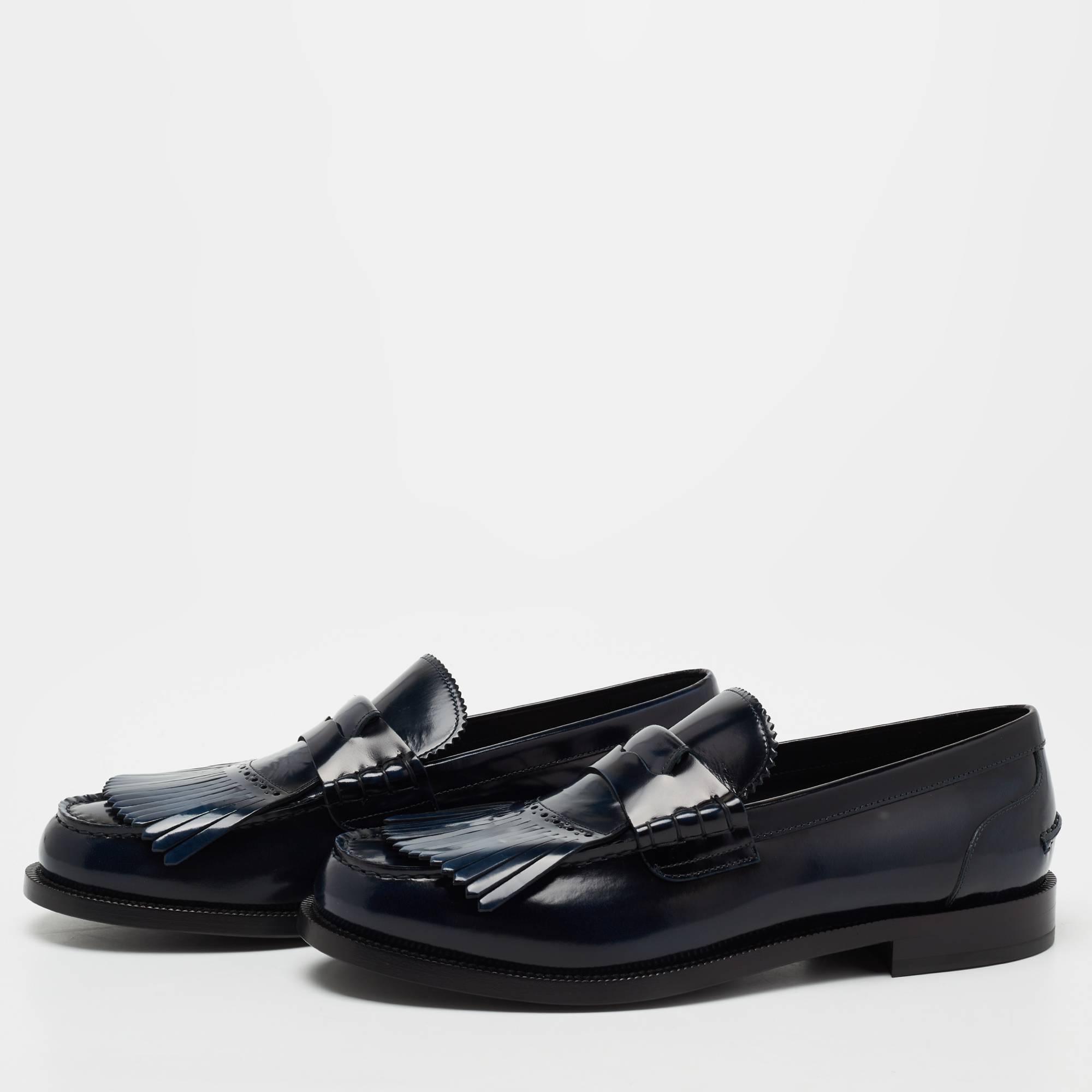 

Burberry Navy Blue Patent Leather Bedmoore Fringe Detail Penny Loafers Size