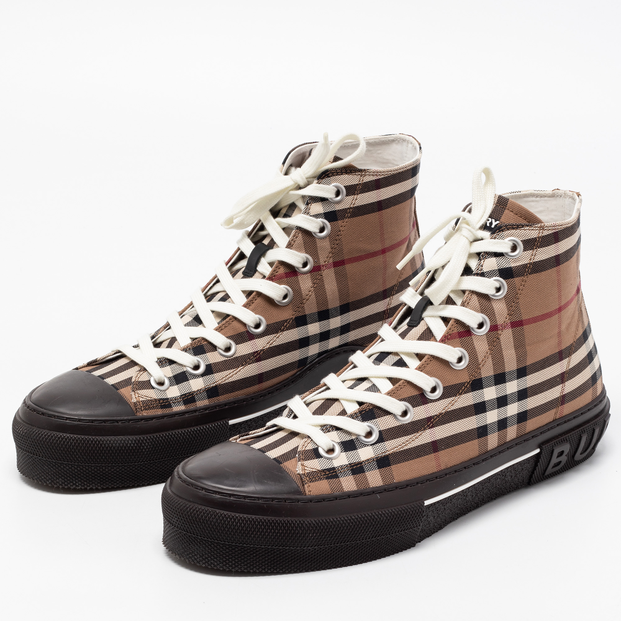 

Burberry Brown/Beige Canvas Check Fabric High Top Sneakers Size