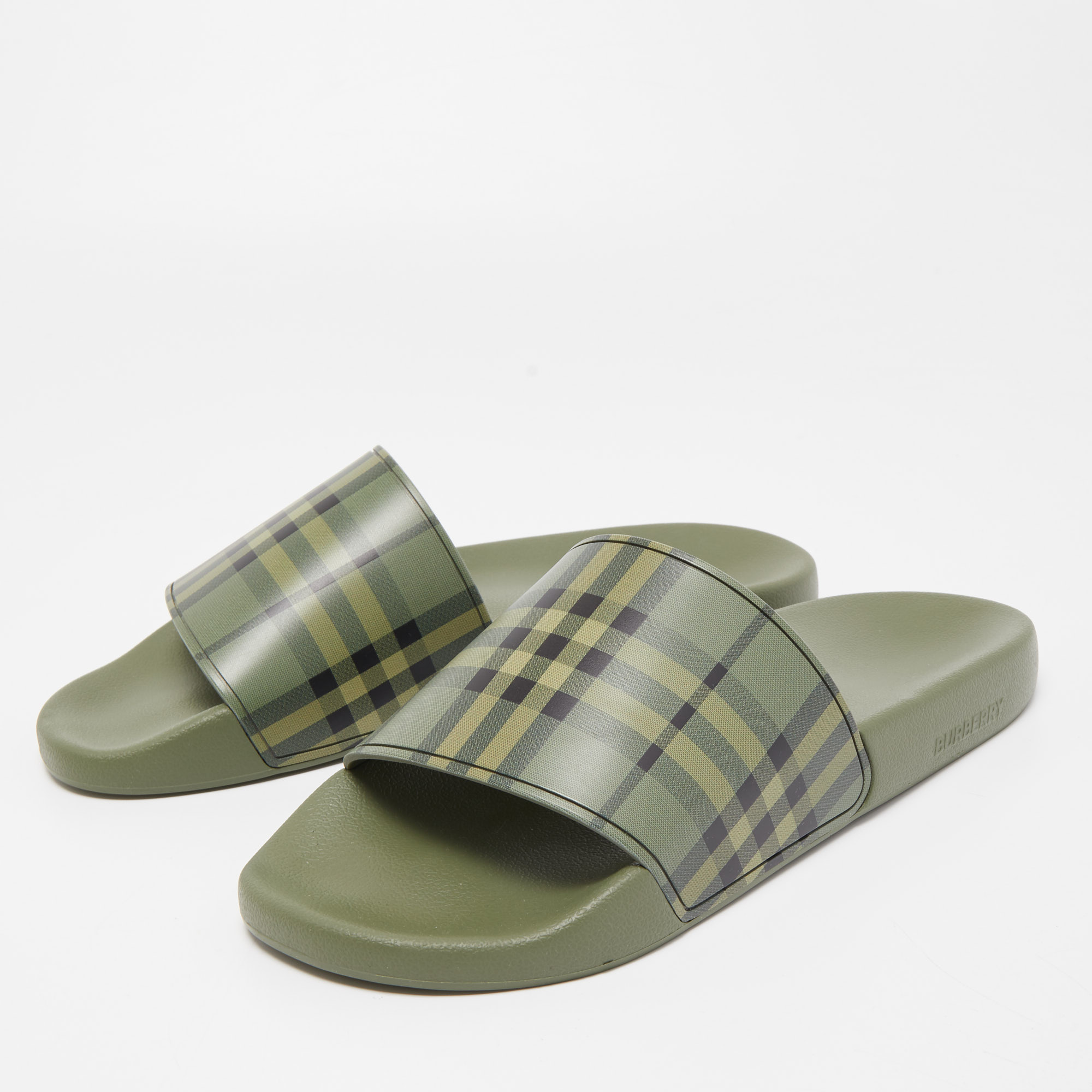 

Burberry Green MGCheck Rubber Furley Flat Slides Size