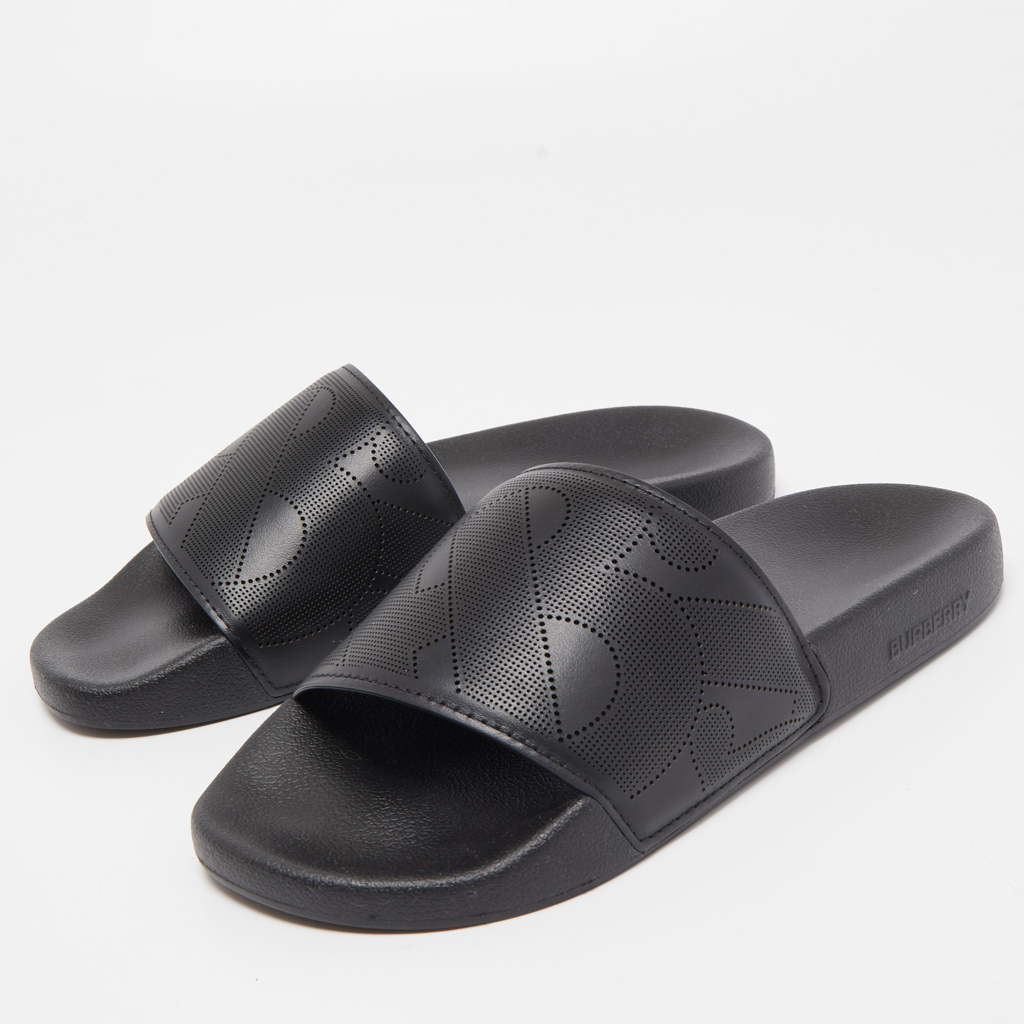

Burberry Black Perforated Leather Furley Flat Slides Size
