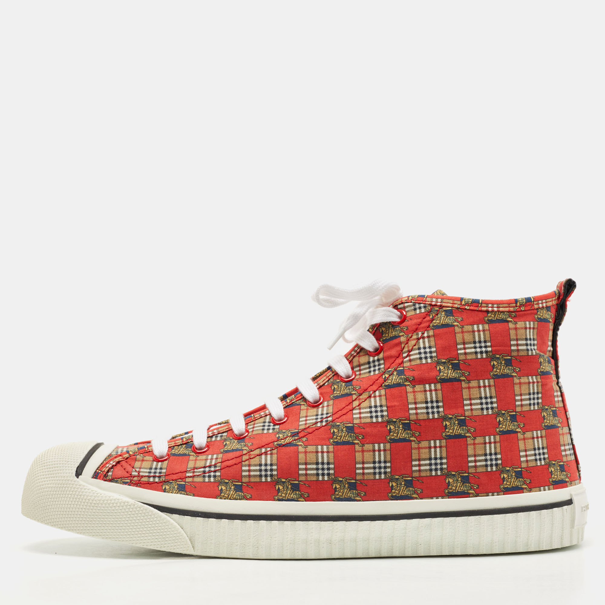 Pre-owned Burberry Red Check Fabric Kingly High Top Sneakers Size 45