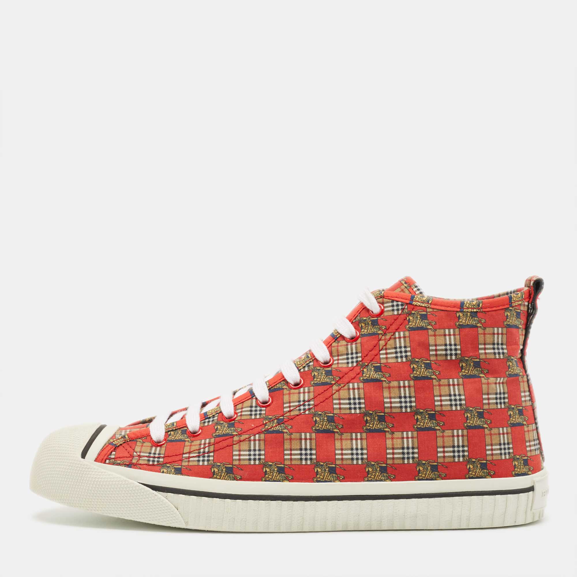 Pre-owned Burberry Red/beige Canvas Kingly Print High Top Sneakers Size 45