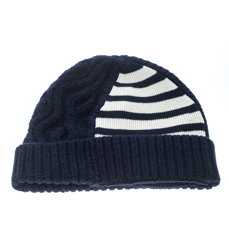 Burberry Navy Blue Chunky Cable Knit Wool and Cashmere Beanie