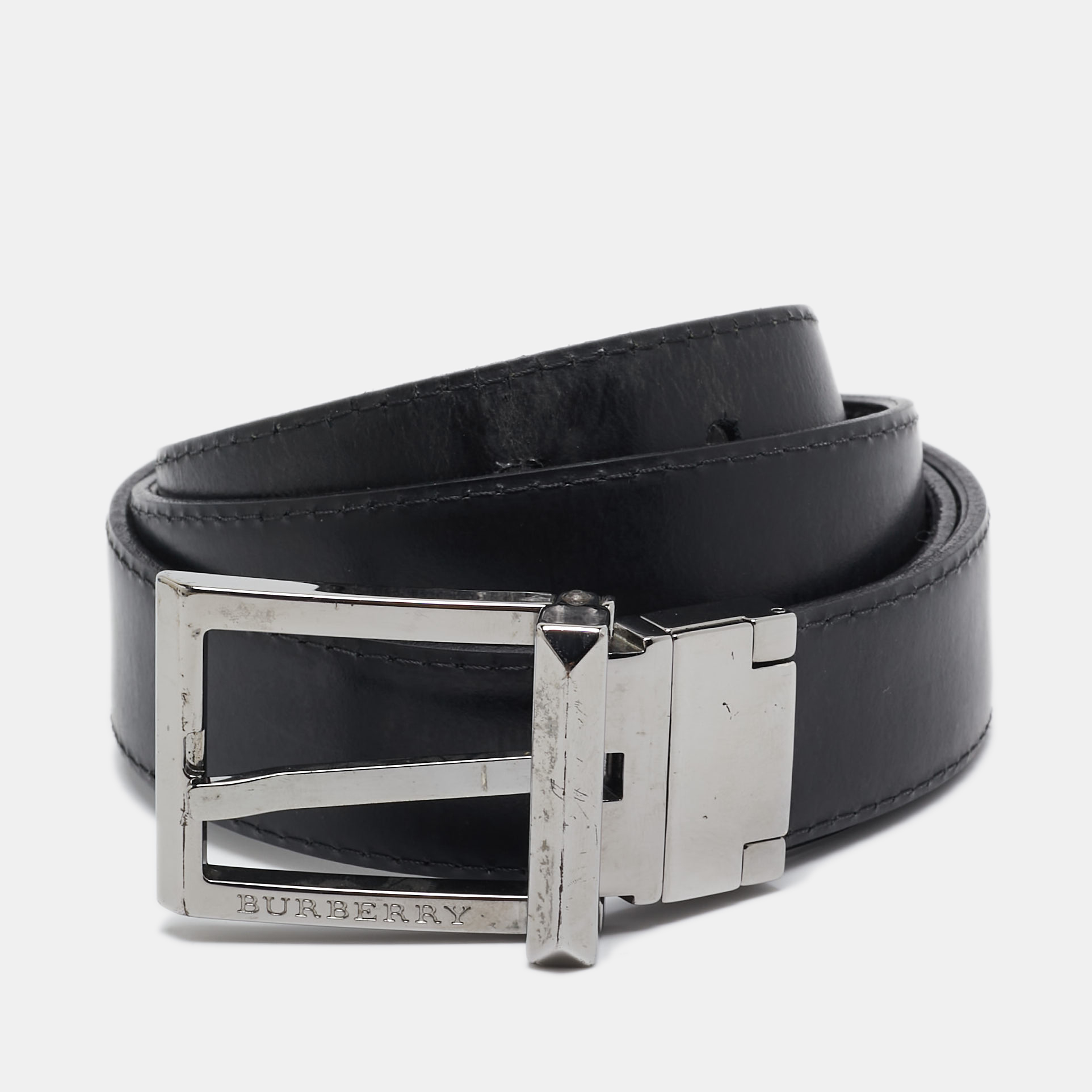 

Burberry Black Smoke Check Coated Canvas and Leather Reversible Buckle Cut to Size Belt