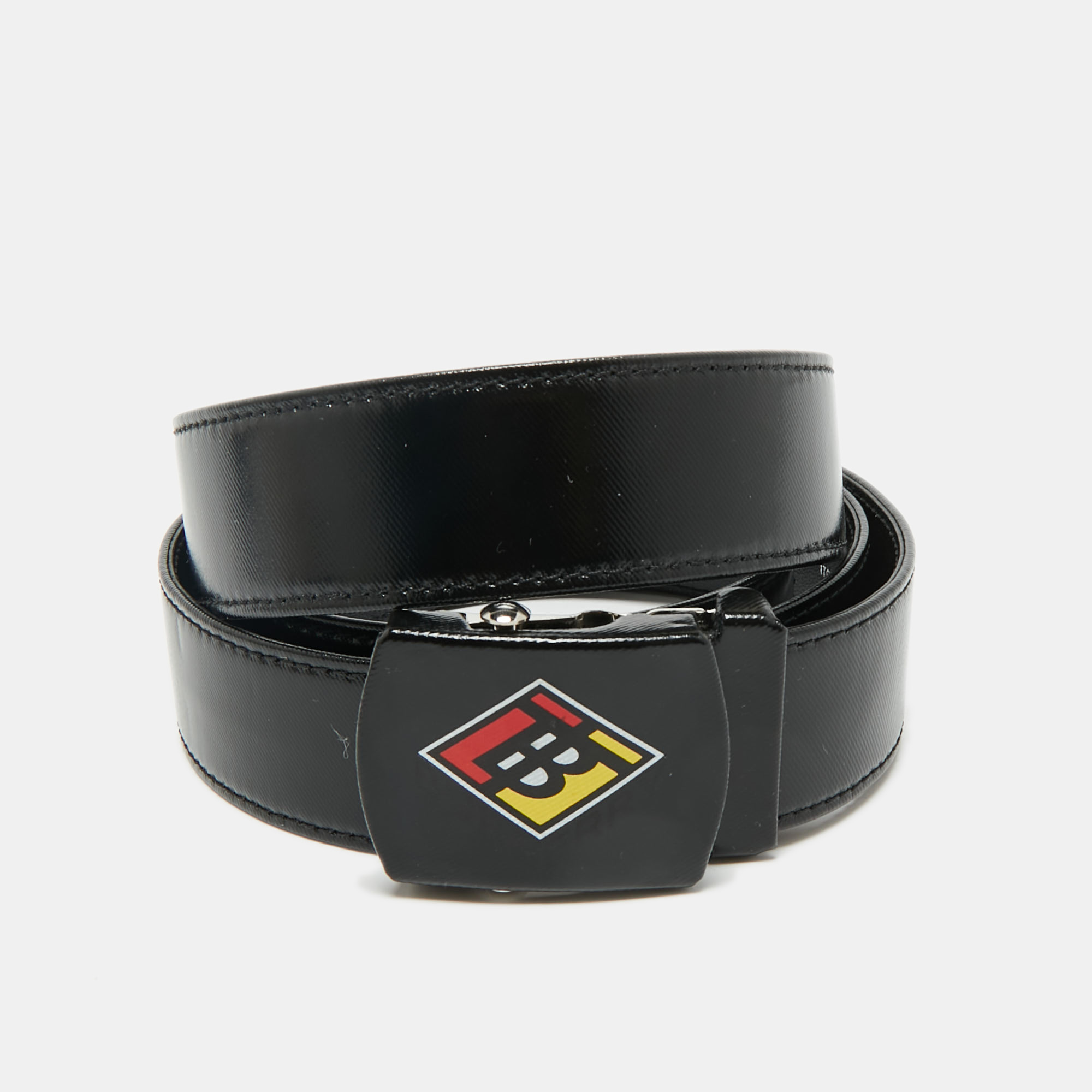 

Burberry Black Coated Canvas and Leather TB Logo Plague Belt