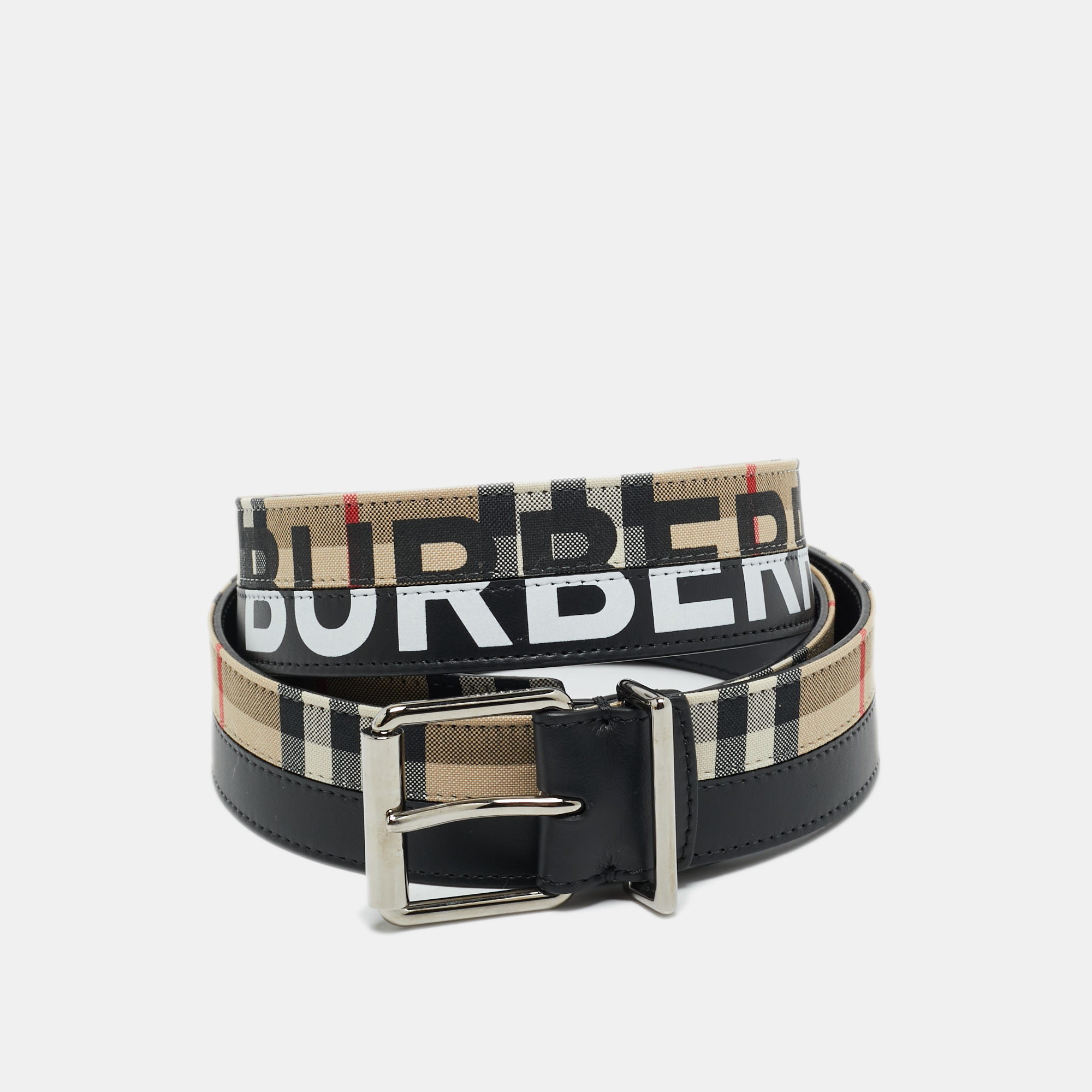 

Burberry Black/Beige Housecheck Fabric and Leather Logo Buckle Belt