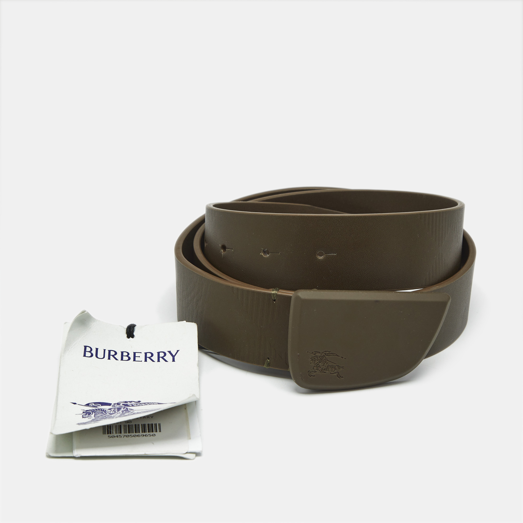 Pre-owned Burberry Shield Plaque 90cm Buckle Belt Olive Green Leather