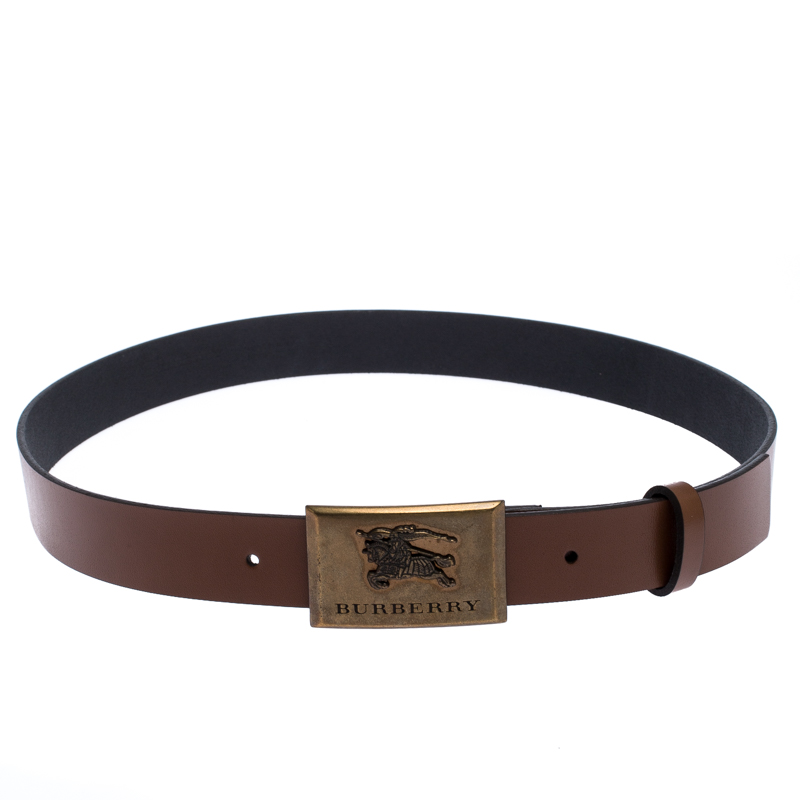 Pre Owned Burberry Brown Leather Logo Plague Belt 90CM