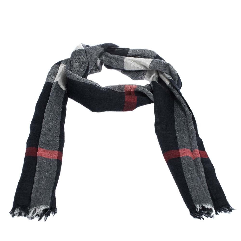 

Burberry Navy Blue Checked Wool and Silk Fringed Edge Scarf