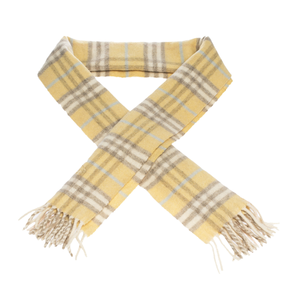 

Burberry Light Yellow Nova Check Cashmere & Wool Fringed Scarf