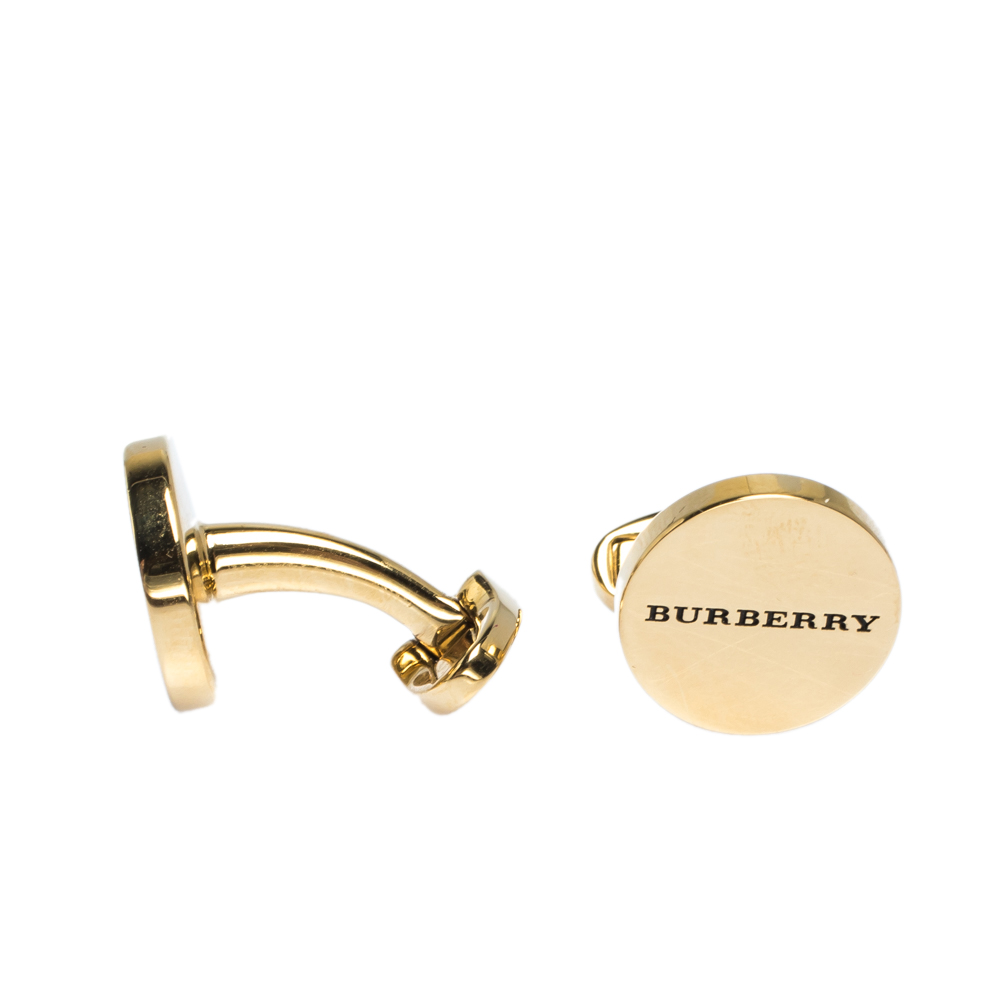 

Burberry Logo Engraved Gold Tone Round Cufflinks