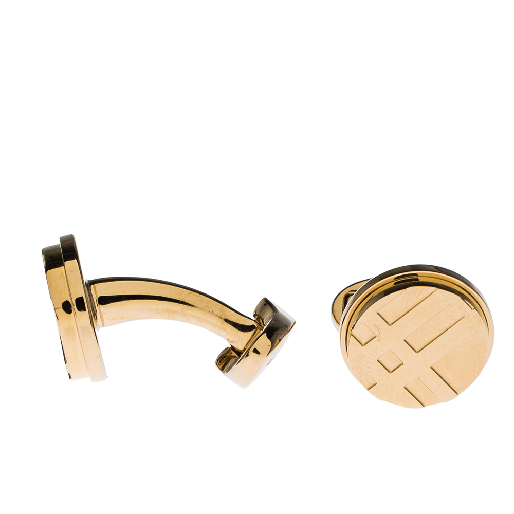 

Burberry Check Engraved Gold Tone Round Cufflinks