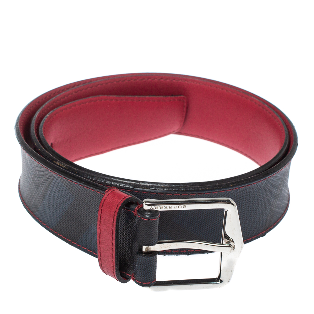 

Burberry Navy Blue/Red Smoked Check Coated Canvas Joe Buckle Belt