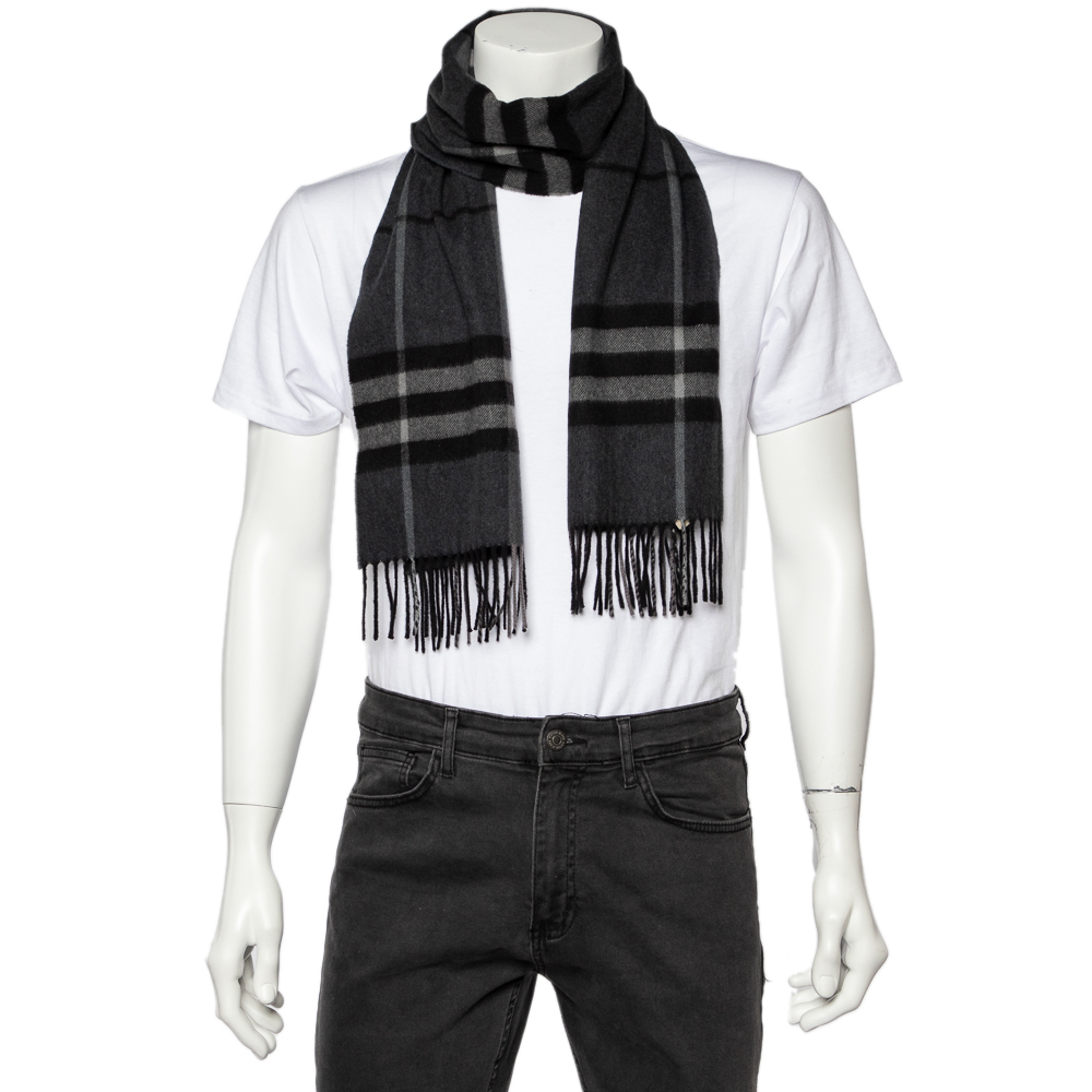 

Burberry Charcoal Grey Checkered Cashmere Fringed Scarf