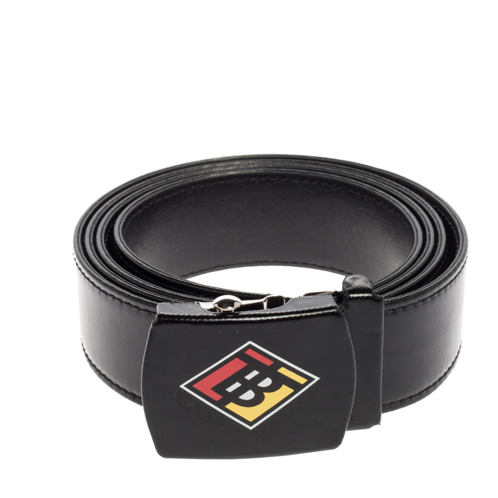 

Burberry Black Coated Canvas and Leather Logo Graphic Plague Belt