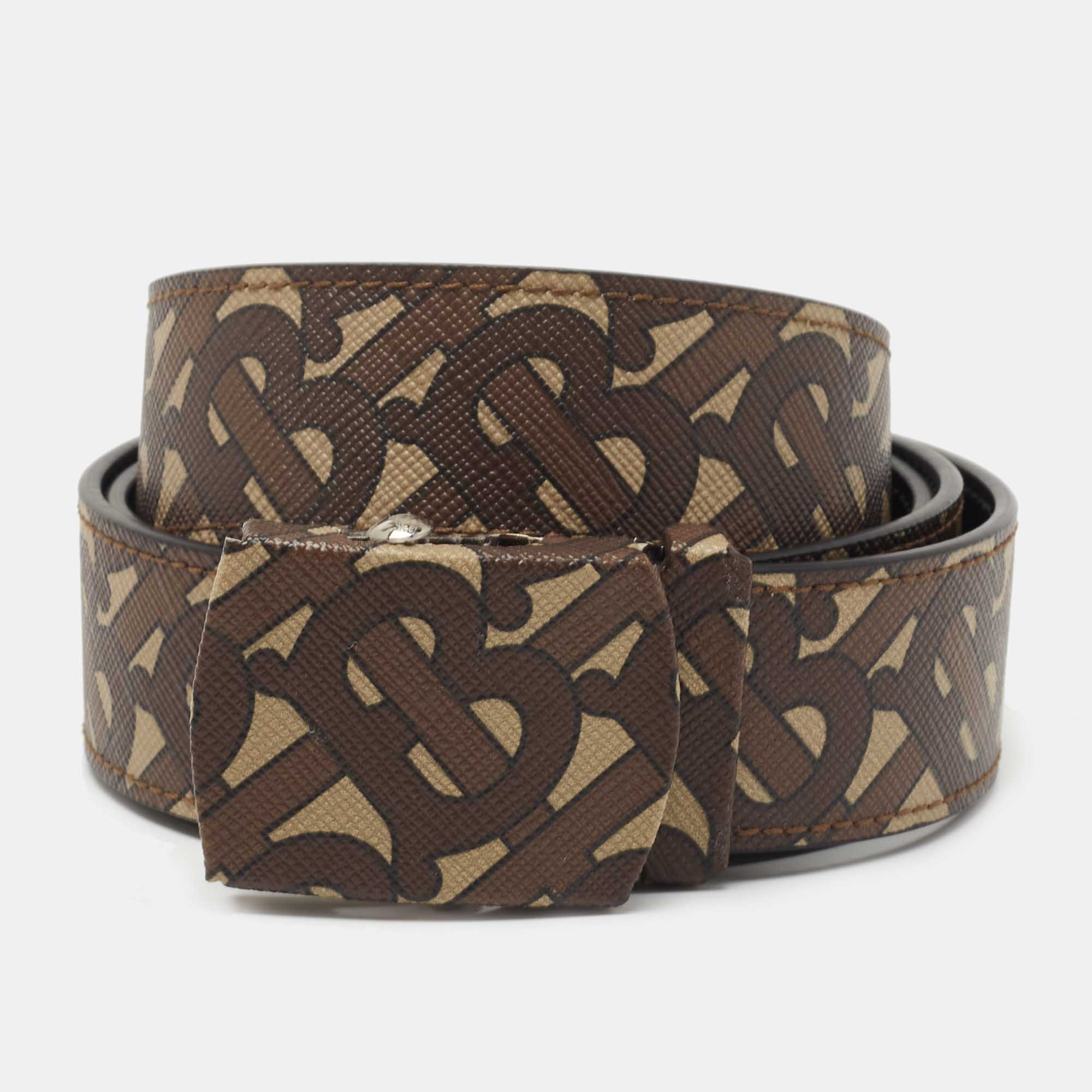 Pre-owned Burberry Brown Tb Monogram Coated Canvas Buckle Belt 90cm