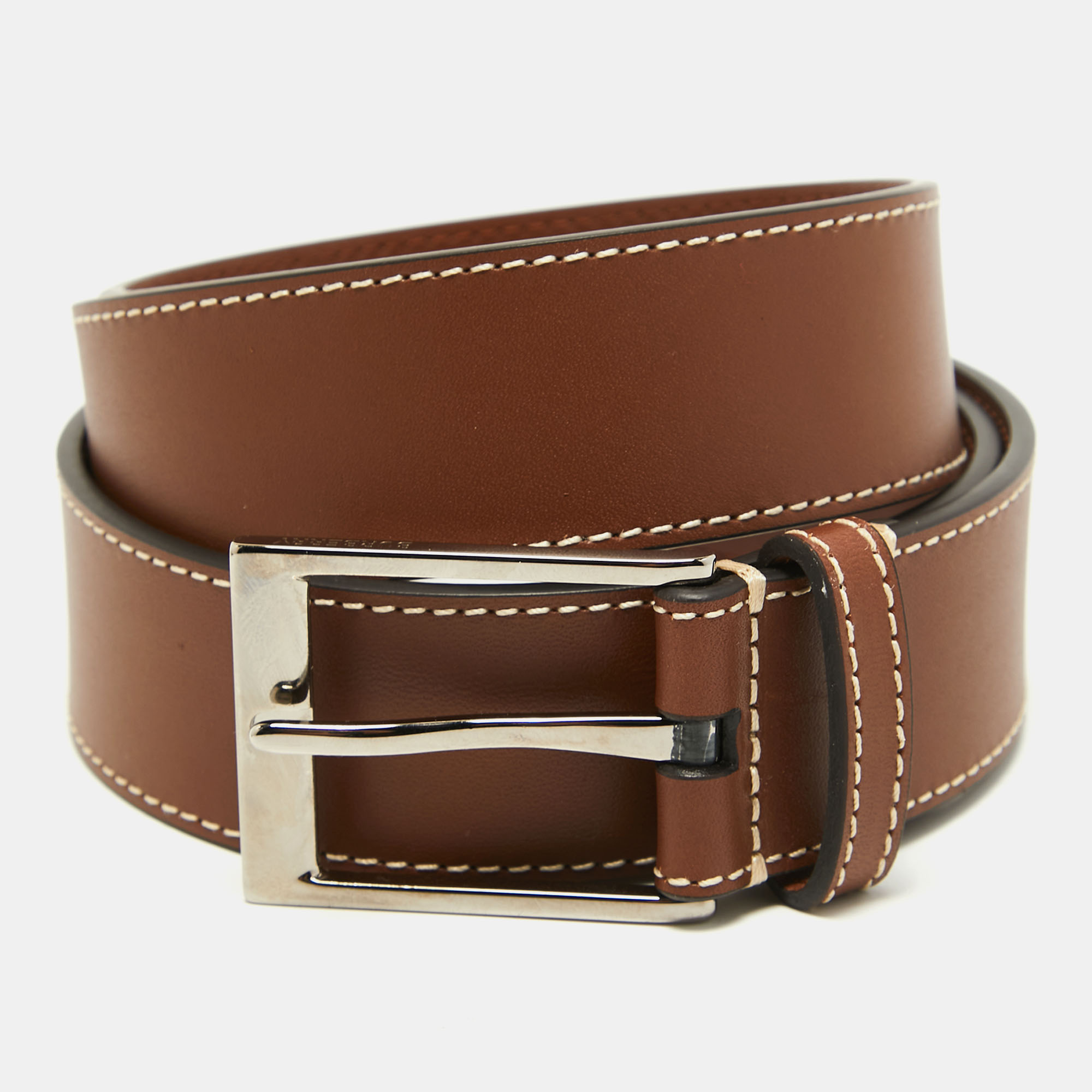 Pre-owned Burberry Tan Leather Buckle Belt 90cm