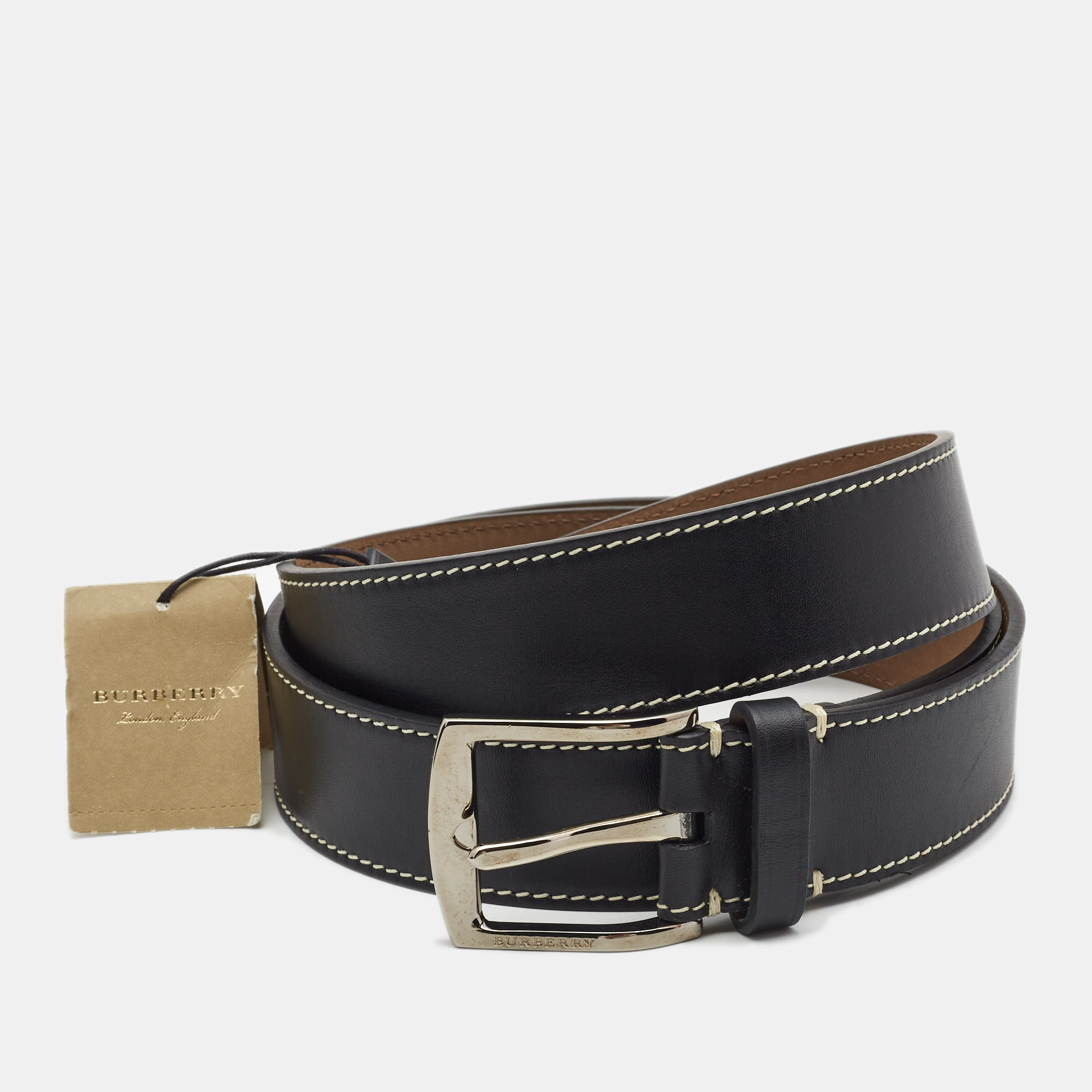 Pre-owned Burberry Black Leather Gray Buckle Belt 110cm