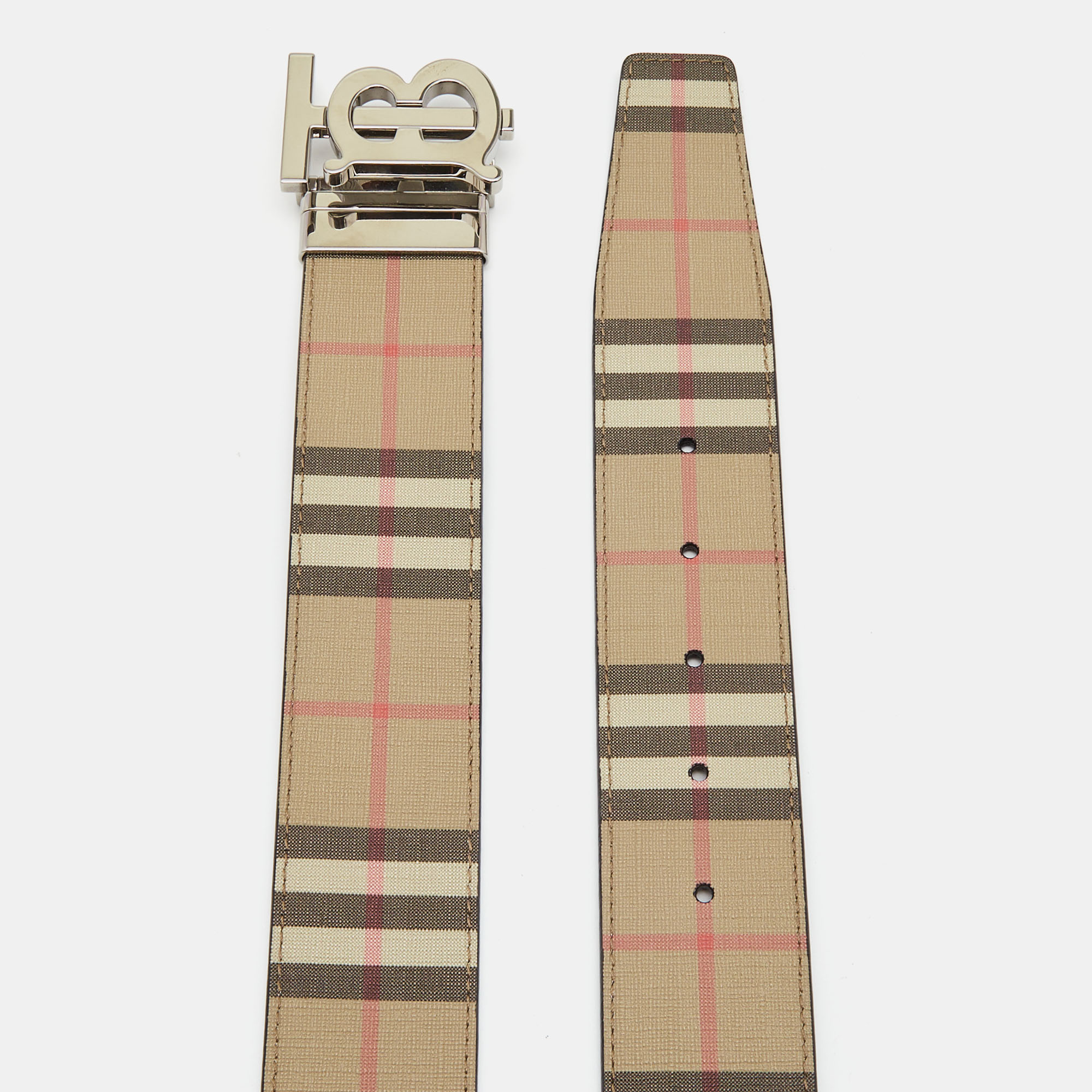 

Burberry Beige/Black Housecheck Coated Canvas and Leather TB Logo Reversible Belt