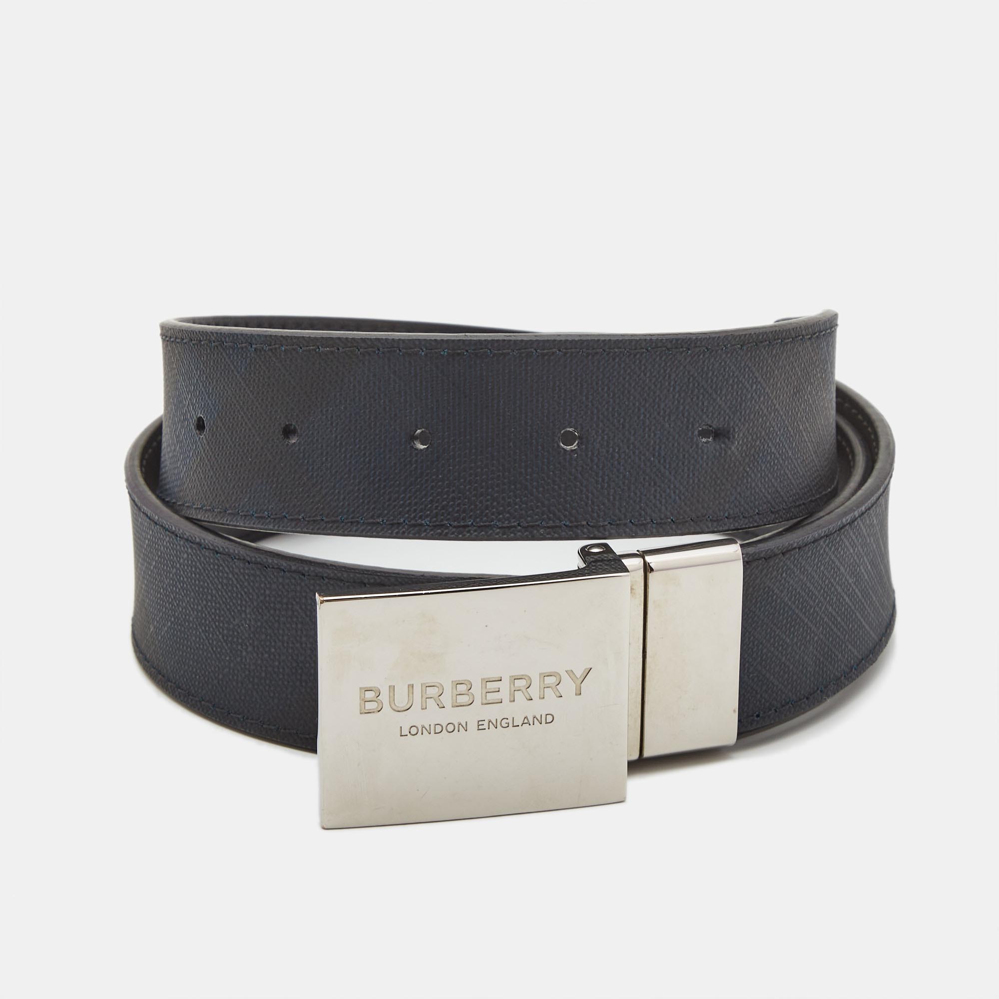 

Burberry Navy Blue Check Coated Canvas and Leather Logo Plague Reversible Belt