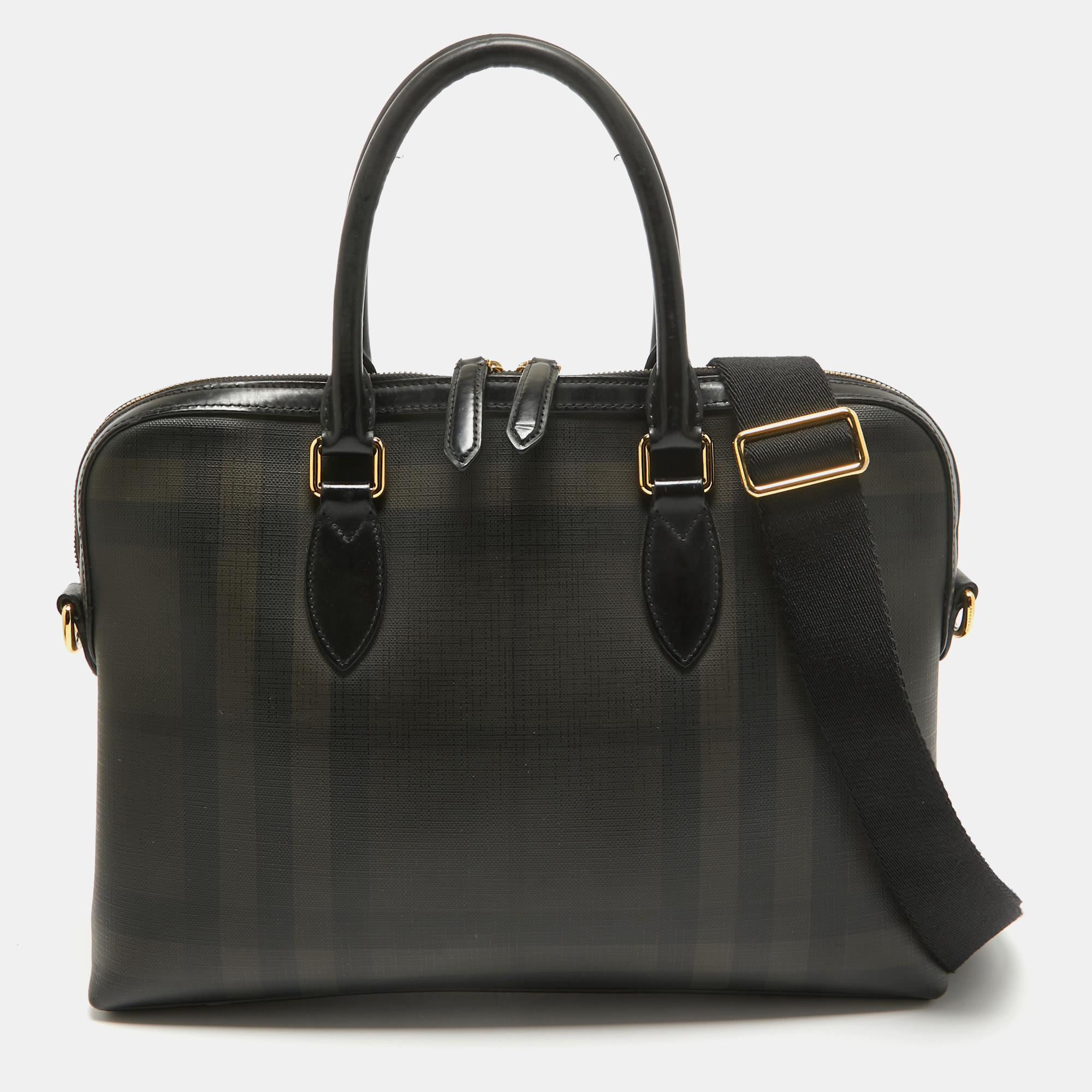 Pre-owned Burberry Smoked Check Coated Canvas And Leather The Barrow Briefcase Bag In Black