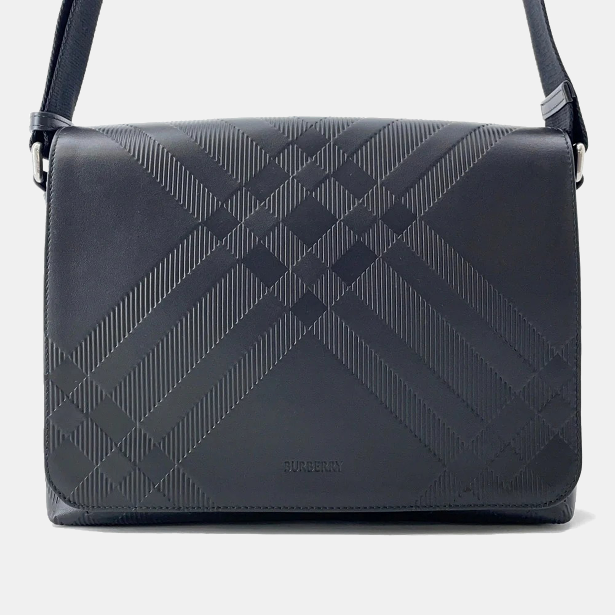

Burberry Embossed Check Messenger Bag Black Calf Leather