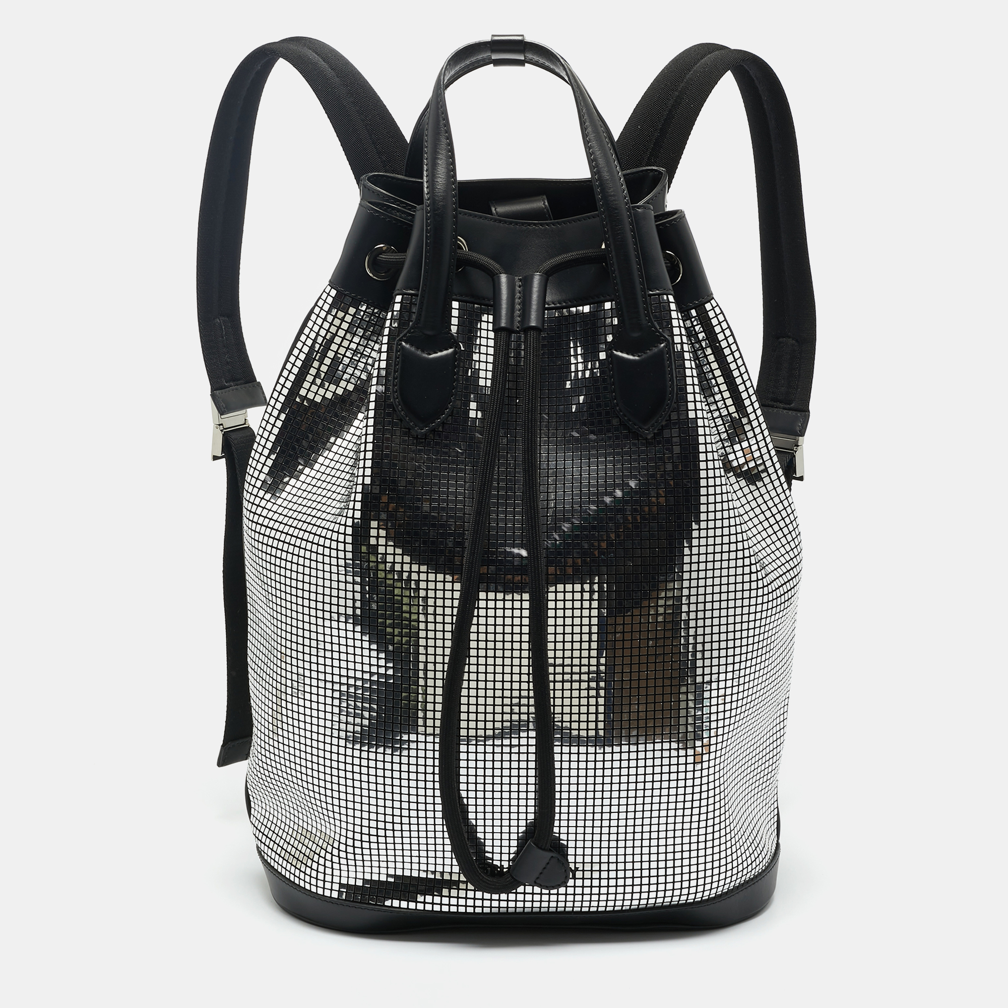 

Burberry Black/Silver Mirror Effect Suede and Leather Drawstring Backpack