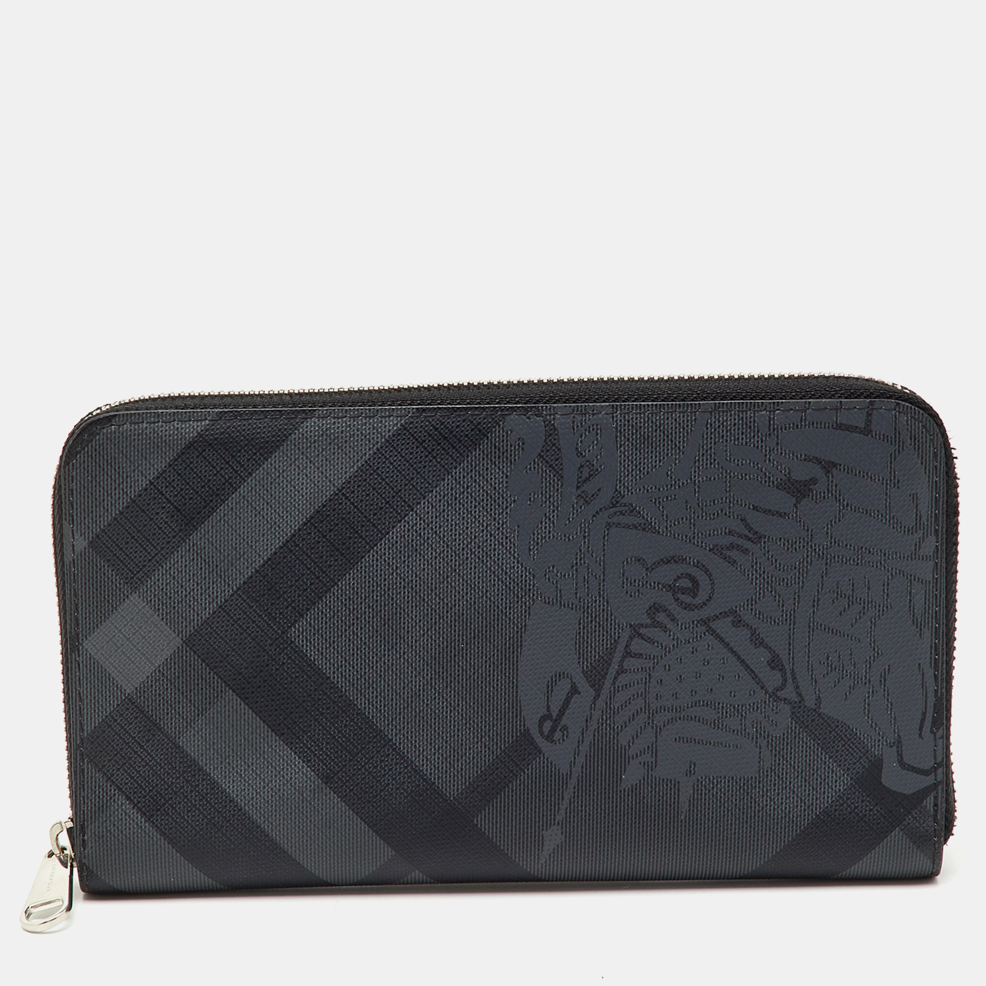Pre-owned Burberry Black/grey Coated Canvas Check Logo Print Zip Around Wallet