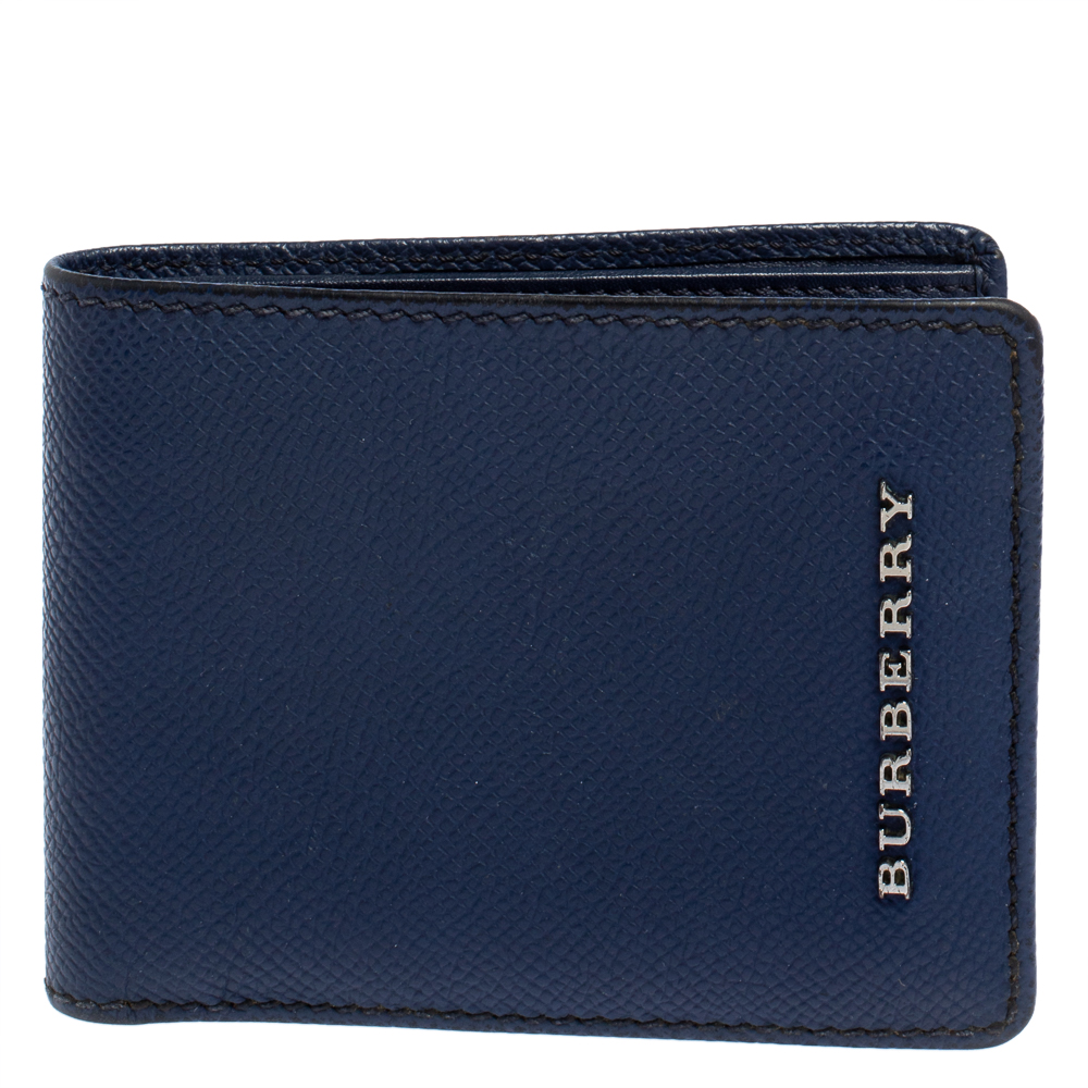 Pre-owned Burberry Navy Blue Leather Logo Bifold Compact Wallet