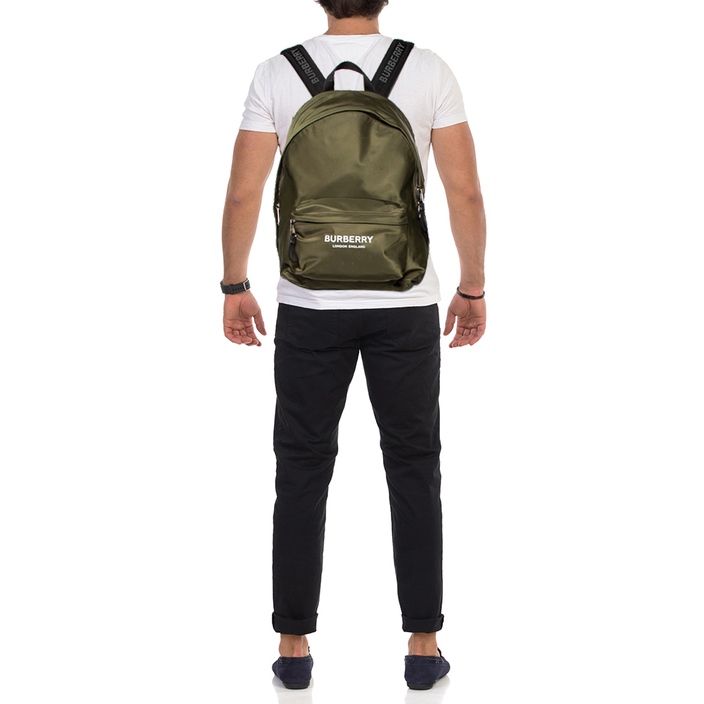 

Burberry Green/Black Nylon And Leather Econyl Logo Print Backpack